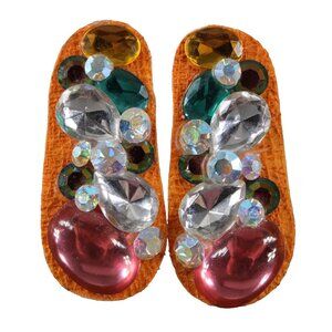 KS Designs 70's Orange Silver Green Rhinestones 2.5" Huggie Clip On Earrings